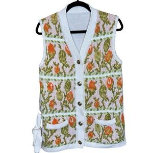 Vintage Grandma Cardigan V Neck Vest Belted Pockets Green Orange size M